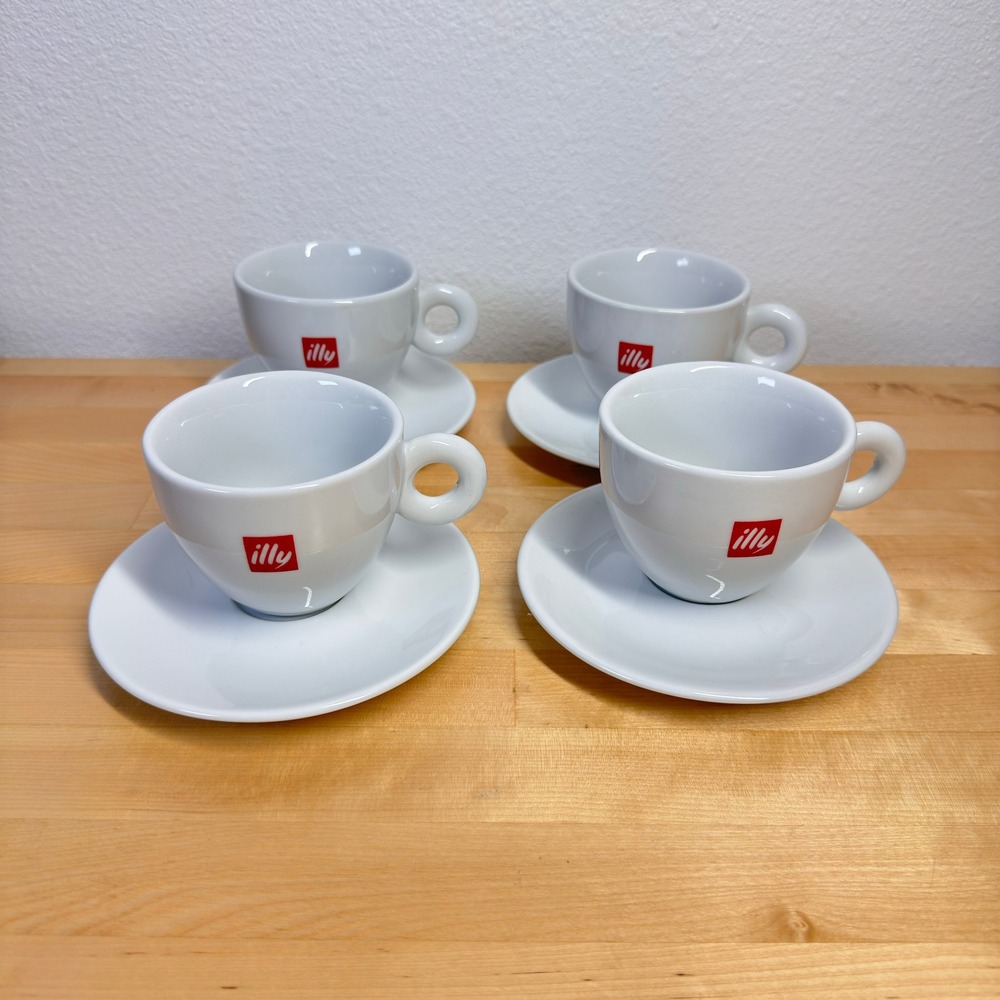 Illy Espresso Cups Saucers Set of‎ 4 White Porcelain Red Logo Italy Donut Handle